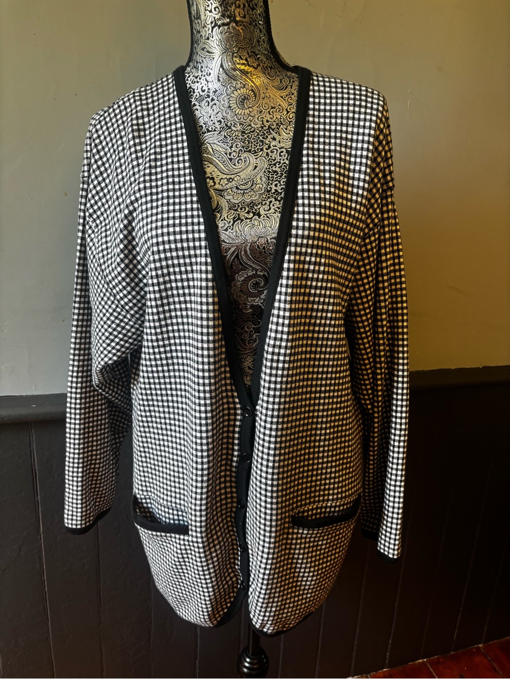 Vintage Caren Sport Black and White Gingham Open-Front Cardigan
